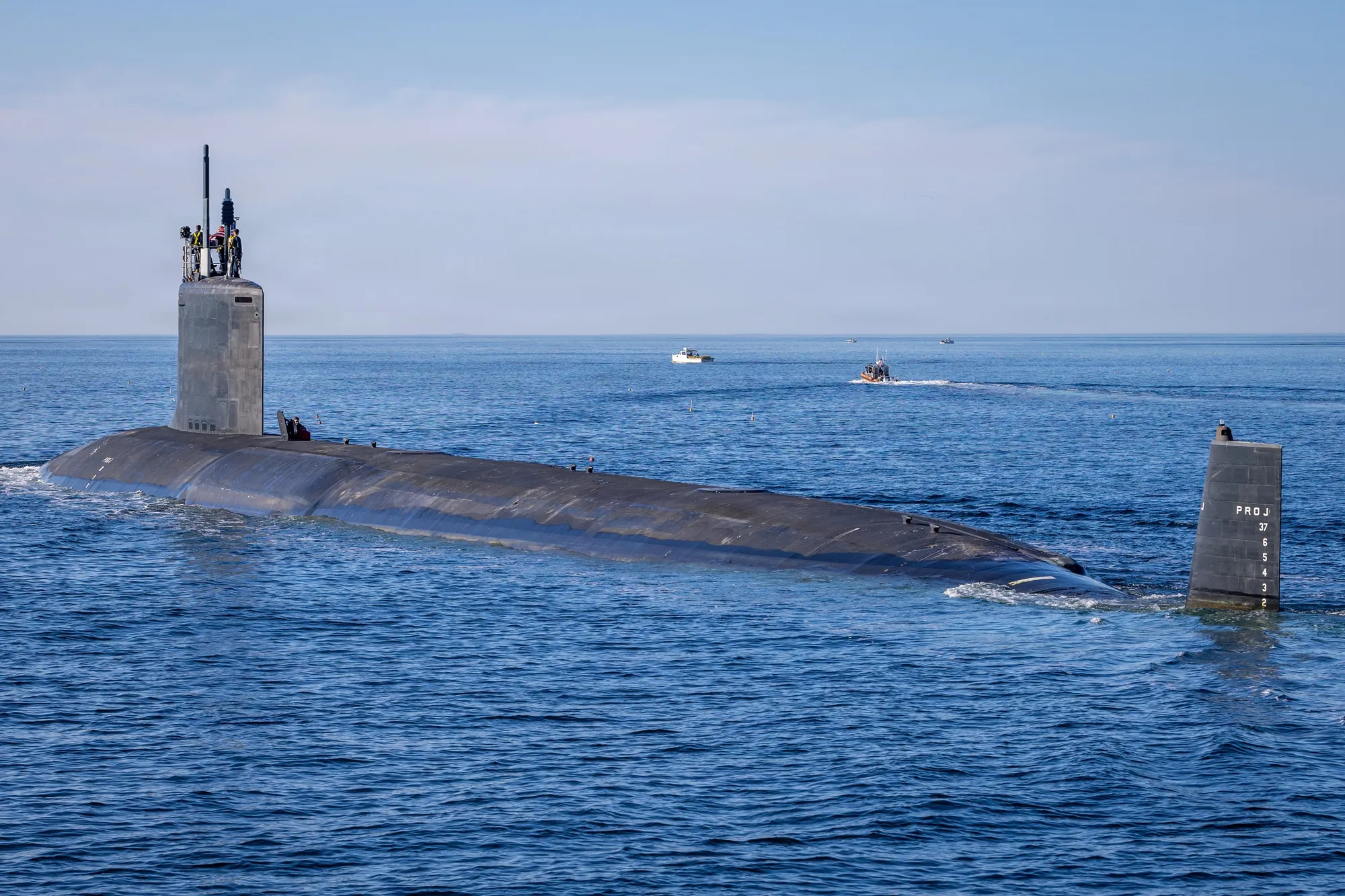 The Virginia-class attack submarine USS North Dakota under way on the surface